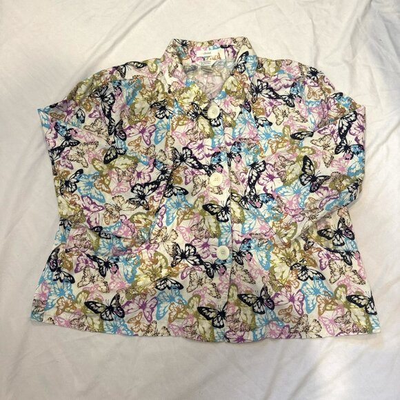 3/$30 📦 Y2K Vintage Maximalist Rainbow Butterfly Print Boxy Button Up Size Large - Picture 1 of 10
